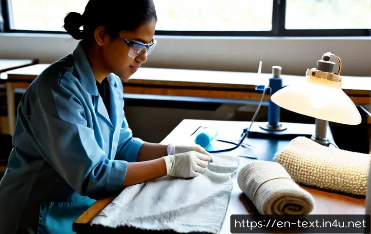 Home 17 섬유기사 실무 강좌 추천 - Photorealistic textile engineering training workshop, a focused adult learner wearing safety glasses...