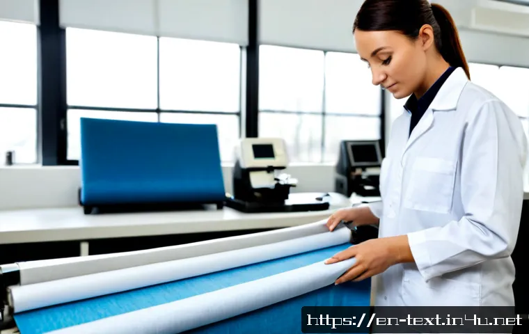 섬유기사 자격증으로 취업 사례 - Photorealistic career success scene in a modern textile manufacturing laboratory, confident mid-care...