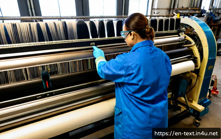 Home 17 섬유기사와 섬유산업의 연관성 - Photorealistic modern textile engineer in safety glasses and clean workwear examining woven fabric o...