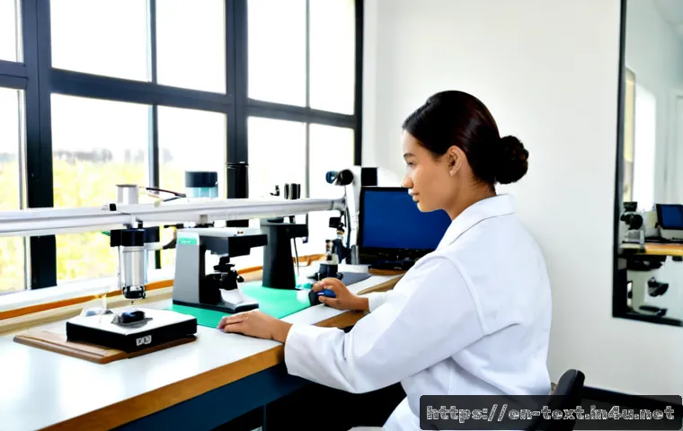 섬유기사 자격증 가치 평가 - Photorealistic textile engineer in a clean modern fabric testing laboratory, examining woven materia...